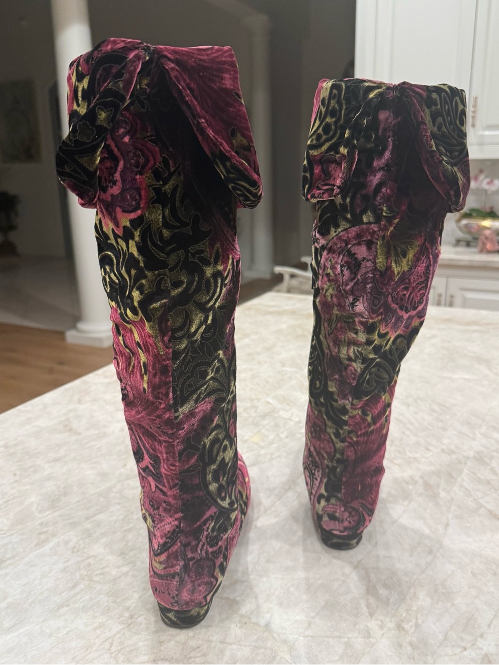Born Velvet Paisley Over-the-Knee Boots - Pink and Black - Picture 5 of 17